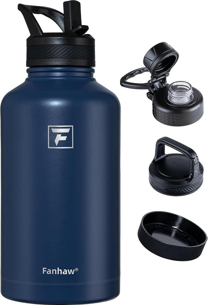 Fanhaw 64 oz Insulated Water Bottle – Large Stainless Steel Jug with 3 Lids (Straw, Spout, Carabiner) | Heavy-Duty, for Camping, Backpacking, Long Hikes & Outdoor Work (Navy Blue)