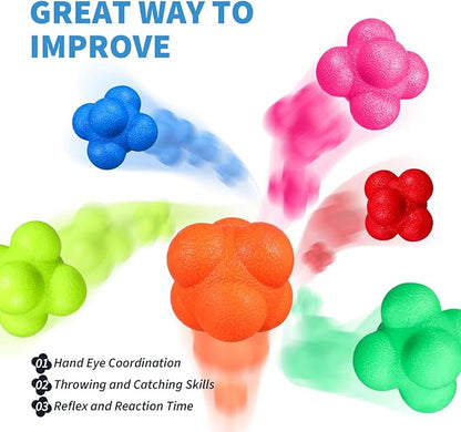 6 Pack Reaction Ball Set for Agility Training Hand Eye Coordination Reflex Workout Bounce Ball for Baseball Tennis Basketball Exercise