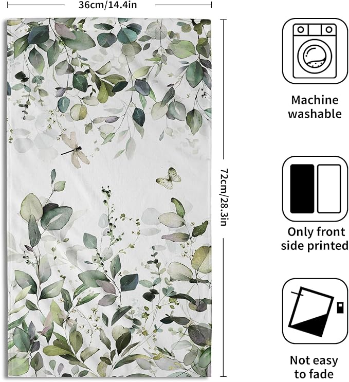 Green Eucalyptus Leaves Hand Towels Spring Sage Green Botanical Fingertip Towel Set of 2 Watercolor Plant Butterfly Dragonfly Kitchen Dish Towels Decorative Bathroom Towels for Bath Guest Gym Spa