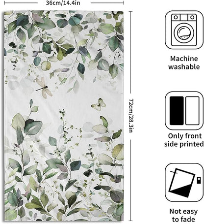 Green Eucalyptus Leaves Hand Towels Spring Sage Green Botanical Fingertip Towel Set of 2 Watercolor Plant Butterfly Dragonfly Kitchen Dish Towels Decorative Bathroom Towels for Bath Guest Gym Spa