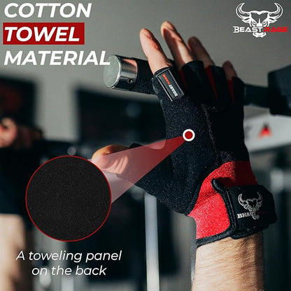 BEAST RAGE Workout Gloves for Men, Durable Palm Grip Gym Gloves Women Half Finger Elasticated Training Weight Lifting Strength Bodybuilding Anti Slip Cycling Gloves Exercise