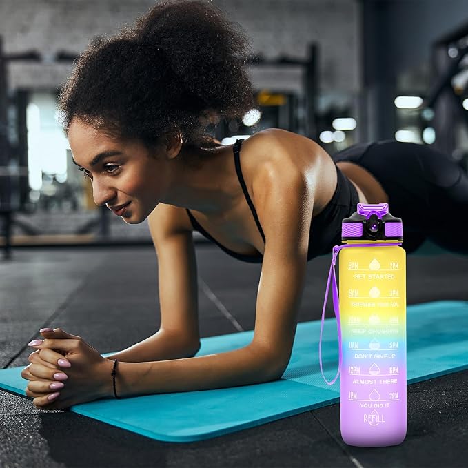 Frosted Style Sports BPA Free Water Bottle, 32 oz - Time Marker, Leakproof - Gym, Fitness, Hiking, Bike, Camping