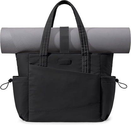 LOVEVOOK Gym Tote Bag for Women, Puffy Yoga Mat Bag with Large Cup Holder & Wet Pocket, Work Nurse Bag for Travel Workout