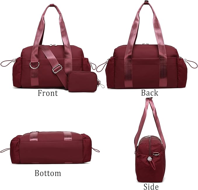 Everyday Mini Gym Bag for Women 2.0, Small Tote with Zipper Compartment Waterproof Travel Duffle Cute Handbag Workout Carry On with Removeable Shoulder Strap & Coin Wallet Easy to Clean-Wine