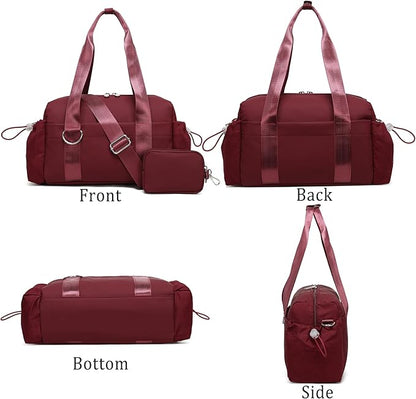 Everyday Mini Gym Bag for Women 2.0, Small Tote with Zipper Compartment Waterproof Travel Duffle Cute Handbag Workout Carry On with Removeable Shoulder Strap & Coin Wallet Easy to Clean-Wine