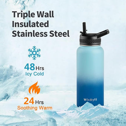 32 oz Insulated Water Bottle with Straw, Stainless Steel Triple Wall Vacuum Sports Water Jug, Leakproof Hydro Cup Flask with Paracord Handle & Straw Spout Lids & DIY Stickers