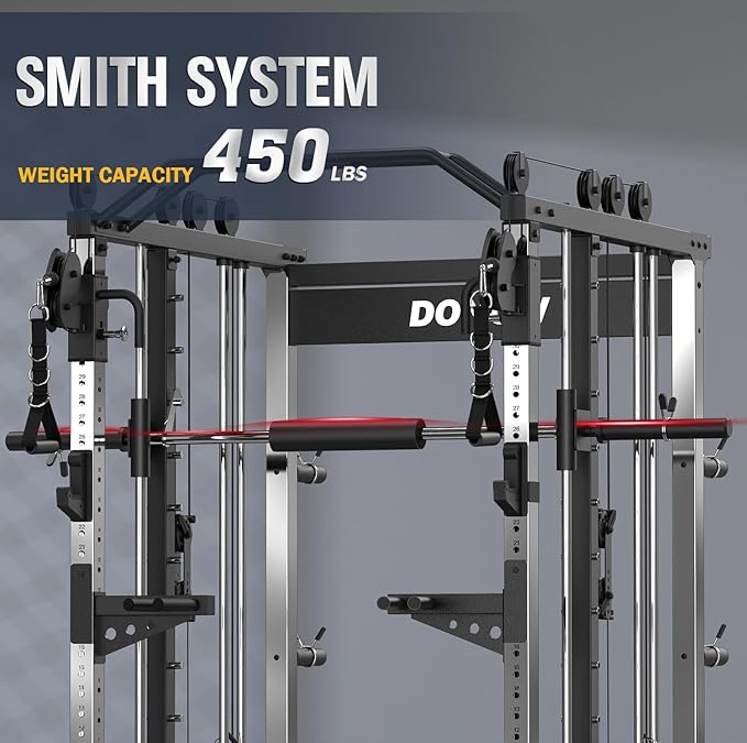 DONOW Smith Machine with Weight Stacks, Heavy Duty Home Gym System Power Cage Cable Crossover Machine Multi-Functional Trainer Ratio 1:1