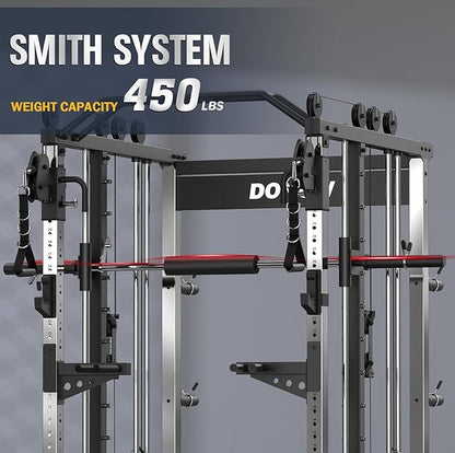 DONOW Smith Machine with Weight Stacks, Heavy Duty Home Gym System Power Cage Cable Crossover Machine Multi-Functional Trainer Ratio 1:1