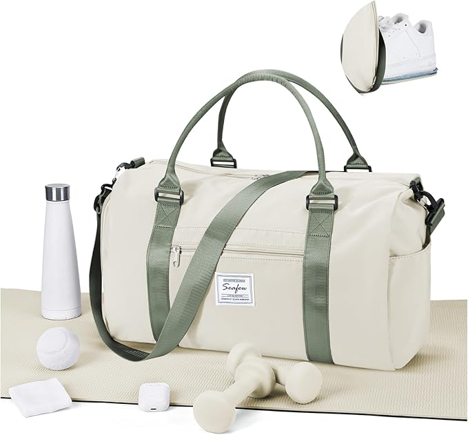 Gym Bags for Women Men with Shoes Compartment,Sports Duffle Bags Personal item travel Duffel Tote Bag Small Carry on Weekender Overnight Bag Workout Dance Bag Hospital Holdalls Beige Green