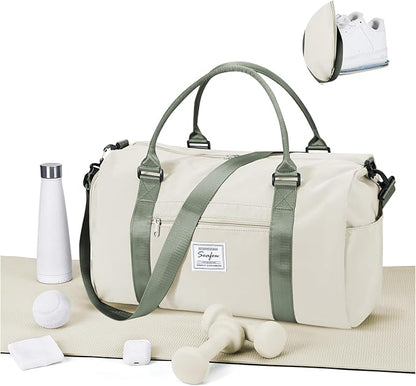 Gym Bags for Women Men with Shoes Compartment,Sports Duffle Bags Personal item travel Duffel Tote Bag Small Carry on Weekender Overnight Bag Workout Dance Bag Hospital Holdalls Beige Green