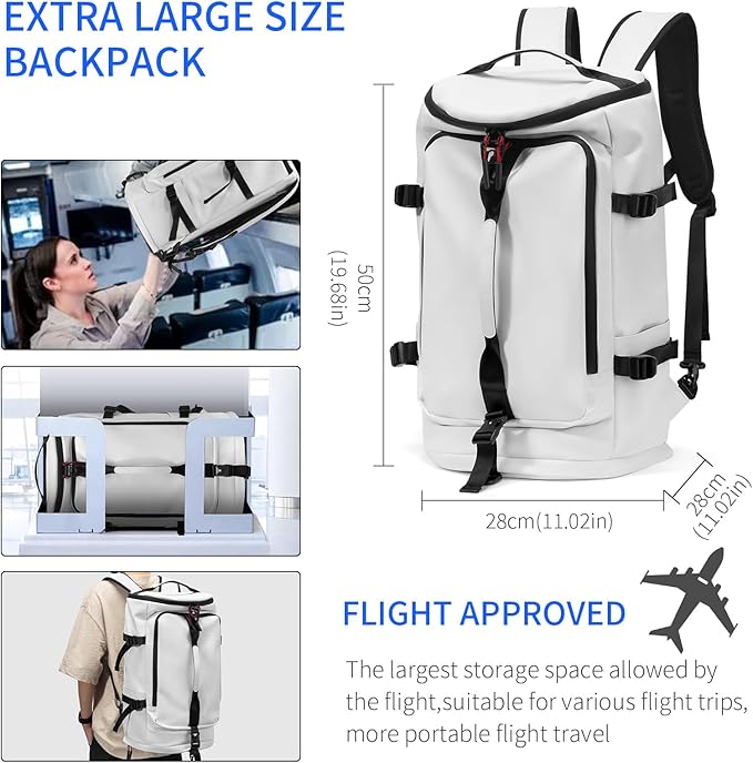 Duffel Bag with Shoe Compartment Travel Backpack Men and Women Waterproof for Gym Motorcycle Helmet (White)