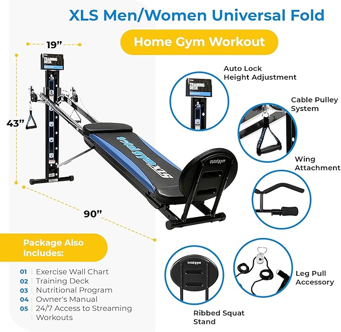 Total Gym Home Workout Machine, XLS Exercise Equipment w/ Squat Stand, Leg Pull & Ankle Cuffs - Adjustable and Portable Fitness Machine for Body Weight Training