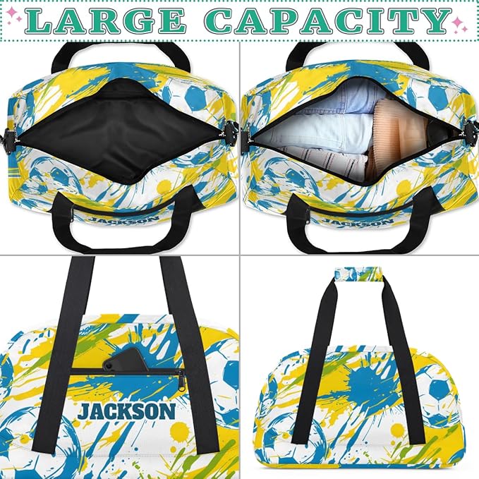 Personalized Boys Soccer Gym Duffel Bags for Kids, Custom Name Sport Training Travel Bags for Overnight Weekender
