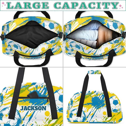 Personalized Boys Soccer Gym Duffel Bags for Kids, Custom Name Sport Training Travel Bags for Overnight Weekender