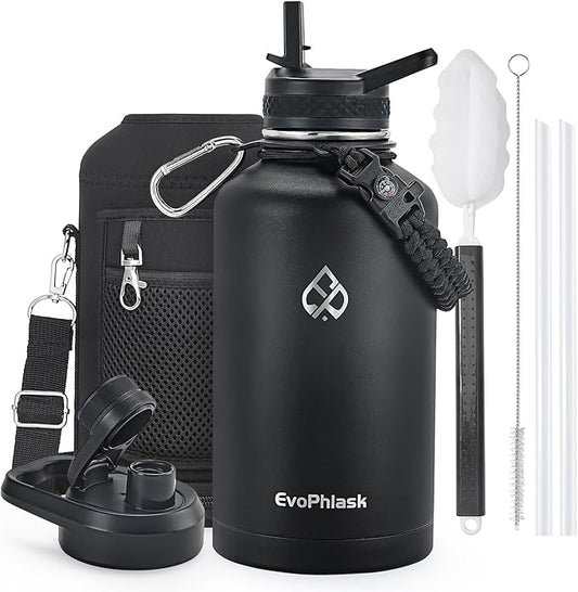 Insulated Water Bottle 64 oz, Vacuum Stainless Steel Water Bottle Keep Cold 48Hrs, Half Gallon Large Water Jug for Travel, Sport, Gym, Hiking with Carrier Bag, Black