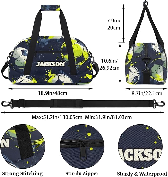 Personalized Soccer Sport Bags for Kids Boys with Custom Name Gym Training Travel Bags for Overnight Weekender