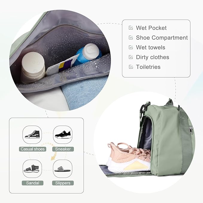 Gym Bag for Women with Shoes Compartment,Small Duffel Bag Sport bag with Toiletry Bag Overnight Travel Tote Bags Weekender Carry on Bag Personal Item Bags for Airlines Grey Green
