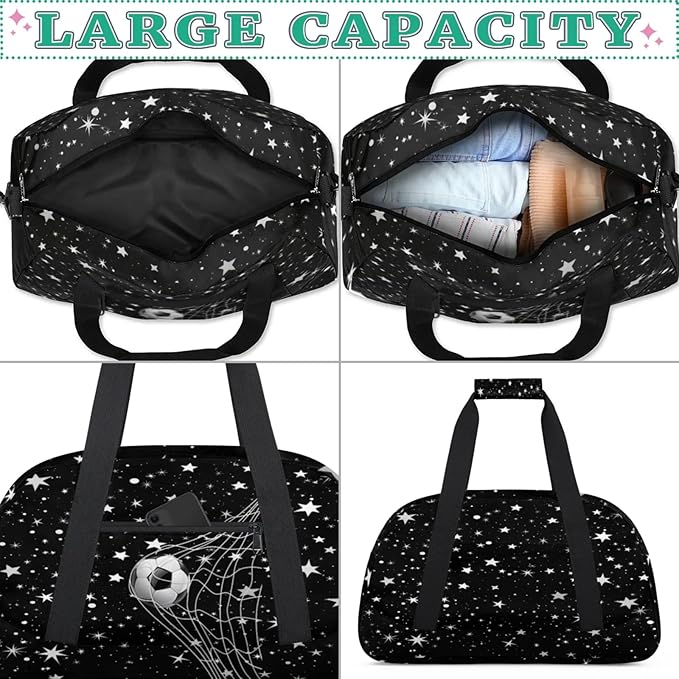 Soccer Sports Duffel Bag, Weekender Gymnastics Training Bag for Men Traveling Business Trip, Soccer Goal Stars Pattern Black