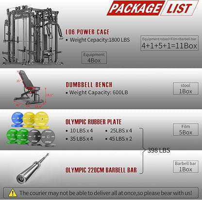 Smith Machine with Cable Crossover System, Multi-Function Power Cage Squat Rack for Home Gym, Power Rack and Packages Weight Sets.