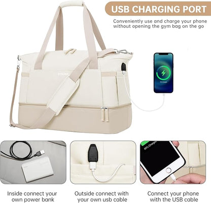 Gym Bag for Women, Sports Travel Duffel Bag with USB Charging Port, Weekender Overnight Bag with Wet Pocket and Shoes Compartment for Women, Travel, Gym, Yoga (Khaki) Medium