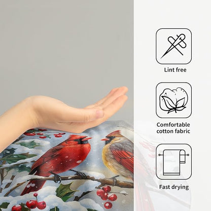 Winter Red Bird Hand Towels Pack of 2 Sweet Couple Cardinal Fingertip Towels Birds Holly Berry Branches Snow Christmas Holiday Bathroom Towels Soft Fast Drying Face Towel for Kitchen Spa Gym