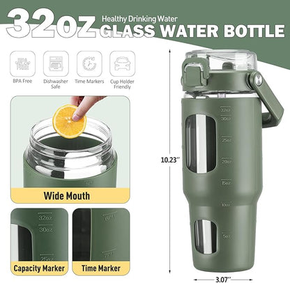 BLUEGO 32oz Glass Water Bottle with Handle and Straw|Leakproof Sports Glass Bottle with Time Marker and Silicone Sleeve|Glass Drinking Bottle for Travel, Gym, Workout, Olive