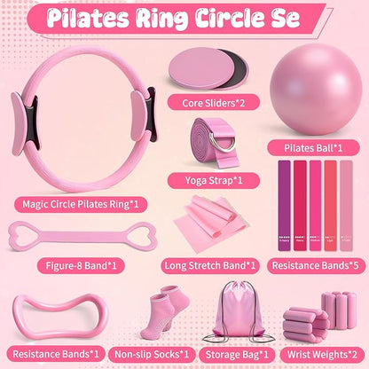 Pilates Equipment Kit for Home Workouts - 18pcs Set- 14'' Pilates Ring and Ball Set for Women, Pilates/Yoga Accessories Kit with Wrist Weights, Resistance Bands, Core Sliders, Yoga Strap, Socks, Bag