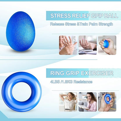 Grip Strength Trainer(5 Pack) with Finger Exerciser, Hand Grip Strengthener, Finger Stretcher,Grip Ring & Stress Relief Ball for Muscle Building and Injury Recover with Carry Bag