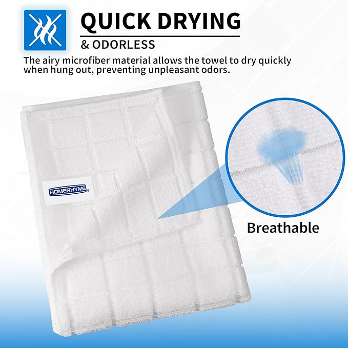 HOMERHYME Hand Towels, 12 Pack 25''*15'' White Microfiber Kitchen Bathroom Hand Towels, All-Purpose Quick Dry Lint Free Soft Absorbent Bulk Checkered Washcloth Bath Towels for Travel Gym Hotel