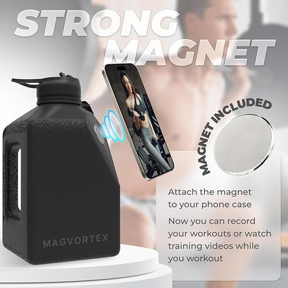 Magvortex Water Bottle 91oz, 2.7 liters, BPA-Free Plastic, Magnetic Phone Holder, Wide Mouth, Leakproof Flip-Top Lid, Large Daily Intake Chug Bottle for Hydration, Gym, Hiking & Daily Use
