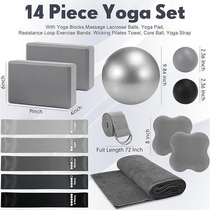 14 Pcs Yoga Kits for Home Workouts Pilates Equipment Set for Women Beginners, Hot Yoga Towel Blocks Strap, Knee Pad, Resistance Loop Exercise Band, Massage Lacrosse Ball, Pilates Ball