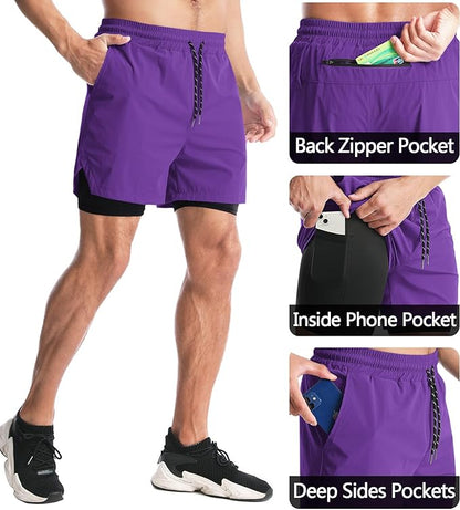 Aolesy Men's 2 in 1 Running Shorts 5" Workout Gym Athletic Shorts for Men Quick Dry Lightweight Training Shorts with Pockets