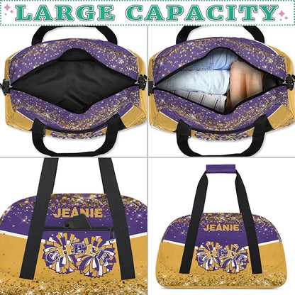 Personalized Cheer Gym Bags for Girls Kids Cheerleaders with Custom Name Sport Dance Perform Training Duffel Bags for Overnight Weekender Travel Purple Yellow