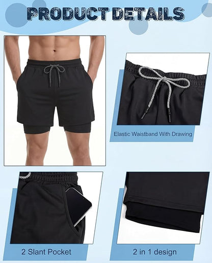 Sureio 6 Pcs Men's 2 in 1 Workout Running Shorts 5" Athletic Gym Shorts with Liner Quick Dry Shorts with Pockets Towel Loop