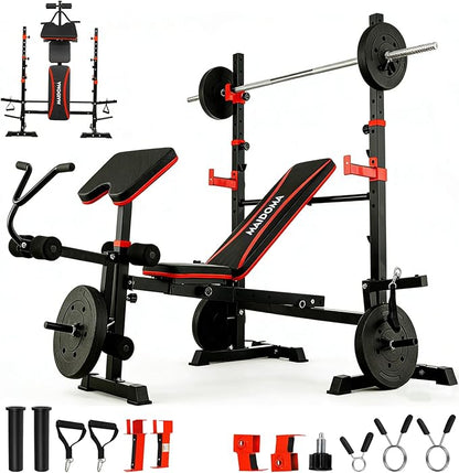 Foldable 1500LBS 8 in 1 Olympic Weight Bench Set with Leg Extension/Curl, Adjustable Weight Bench for Men & Women Full Body Workout, Bench Press with Preacher Curl（US Stock）