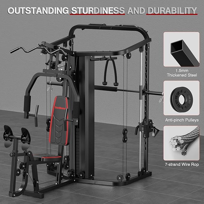 SunHome Multifunction Home Gym Equipment Workout Station, Smith Machine with 138LB Weight Stack, Leg Press, LAT Station for Full Body Training
