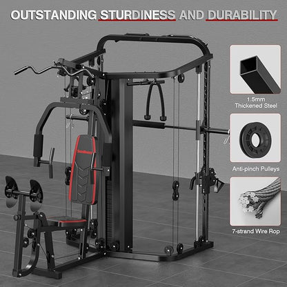 SunHome Multifunction Home Gym Equipment Workout Station, Smith Machine with 138LB Weight Stack, Leg Press, LAT Station for Full Body Training