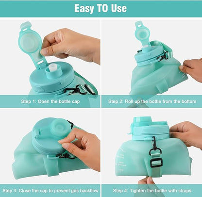 Collapsible Water Bottles, 2L/64OZ travel water bottle Bottle with Straw, Half Gallon Large Water Bottle for Travel Outdoor Sports Runing Fitness Yoga (Upgraded Snow Cyan)