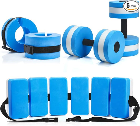 5 Pcs Pool Aquatic Exercise Set Including 2 Lightweight Water Dumbbells, 2 Ankle Swimming Weights, and Swim Belt Water Exercise Equipment for Aquatic Aerobics
