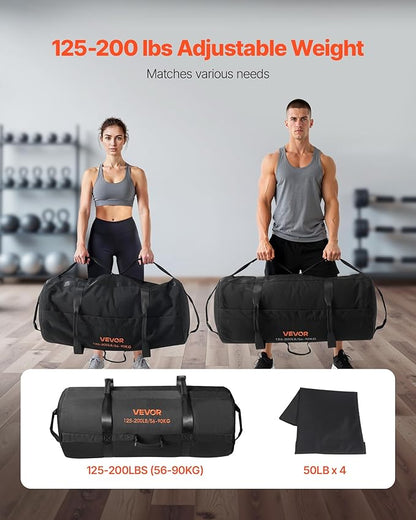VEVOR Workout Sandbag, Heavy Duty Workout Power Bags with Handles, 125-200 lbs Adjustable Slam Bag for Fitness Strength Weight Training Cross-Training, Home Gym Exercise, Black (Unfilled)