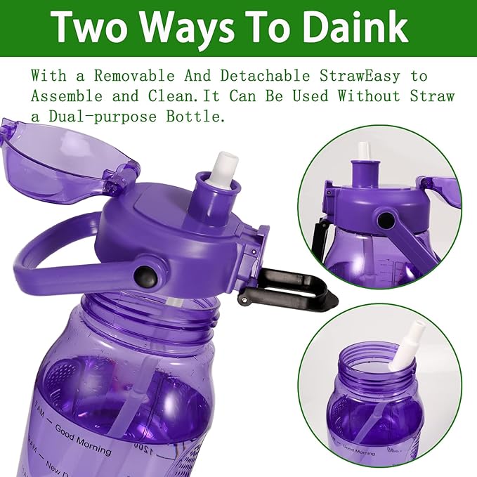 Motivational Half Gallon/64oz Water Bottle with Straw & Time Marker& Handle, Leak-Proof Tritan Water Jug for Fitness,Outdoor, Sport (Purple)