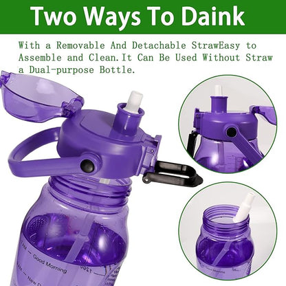 Motivational Half Gallon/64oz Water Bottle with Straw & Time Marker& Handle, Leak-Proof Tritan Water Jug for Fitness,Outdoor, Sport (Purple)