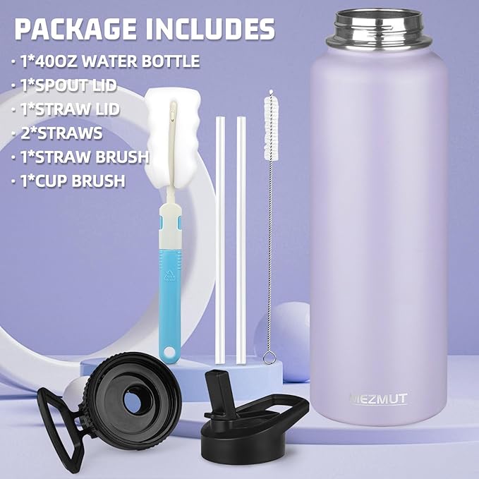 MEZMUT Insulated Water Bottle with Straw&2 Lids 40oz Stainless Steel Water Bottles Sports Metal Water Bottle Double Walled Vacuum Insulated Bottles Thermos Leak-Proof Travel Thermal (Purple)
