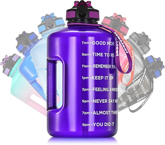 Leakproof Water Bottle Motivational with Straw & Strap, BPA Free, 128 oz Gym Water Bottle with Time Marker, Water Jug for Outdoor Enthusiasts (Purple Blue)