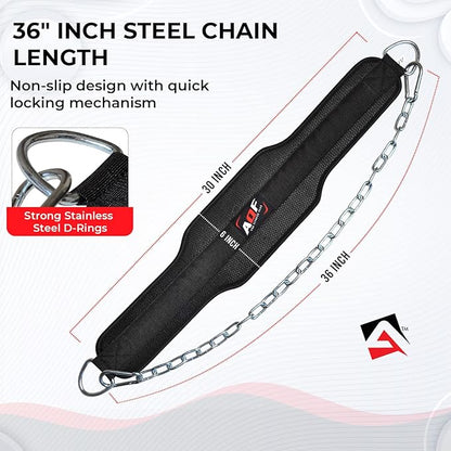 AQF Dip Belt for Weightlifting - Weight Belt with 36" Heavy Duty Steel Chain - Neoprene Padded Back Support Gym Lifting Belt for Powerlifting, Bodybuilding, Squat, Fitness & Pull up Training