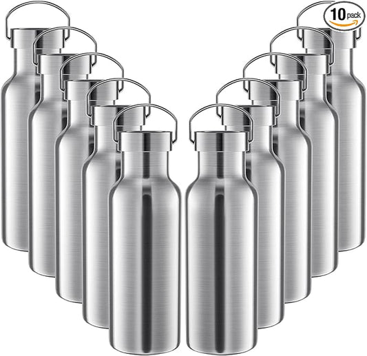 10 Pack Reusable Stainless Steel Water Bottle Bulk Double Wall Insulated Sports Water Bottle with Handle and Vacuum Seal Leakproof Lid for Sports Cyclists Hiking Gym Camping Gift(Silver,17 oz)