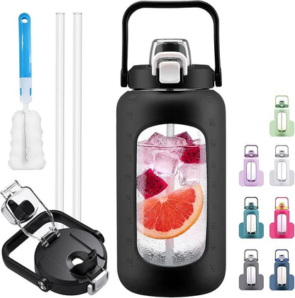 72oz Glass Water Bolttles, 3-in-1 Straw and Sip Spout Handle Lid, Half Gallon Water Bottle with Time Marker and Silicone Sleeve, BPA-Free Sports Water Bottle for Gym, School, Black