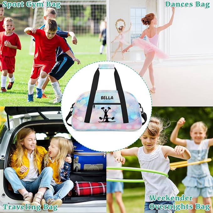 Custom Cheerleaders Bag Girls, Personalized Kids Gym Bag Customized Sport Duffel Dance Ballet Barrel Bag Travel Training Duffle Bag with Name, Black Cheer Girls Silhouette