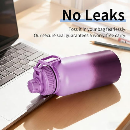 Motivational Water Bottle 32oz with Time Marker- Leakproof & BPA Free Sports Water Bottle with Straw & Carry Strap for Gym, Travel and Outdoor Sports (Stainless steel insulation-Purple)