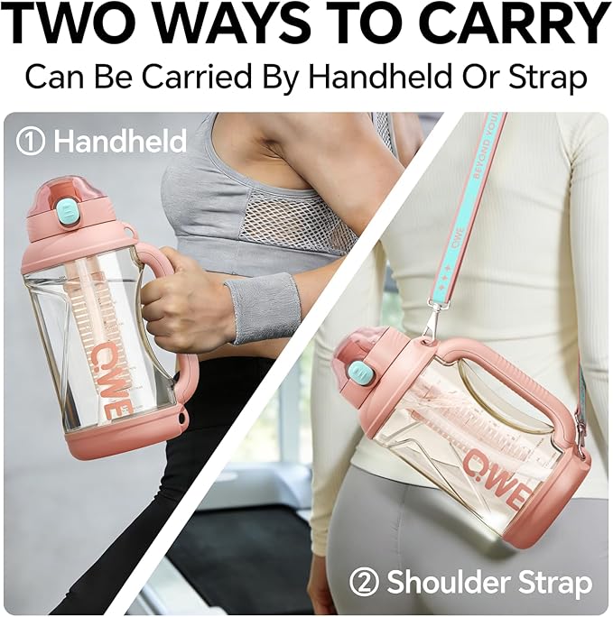 QWE Gym Large Water Bottle for women with lids and Straws&Handle,54oz,Heat-resisting,Reusable,PPSU BPA Free, Plastic Water Bottle Double drinking,leak proof, for Travel,Sport,Outdoors,camping(Pink)
